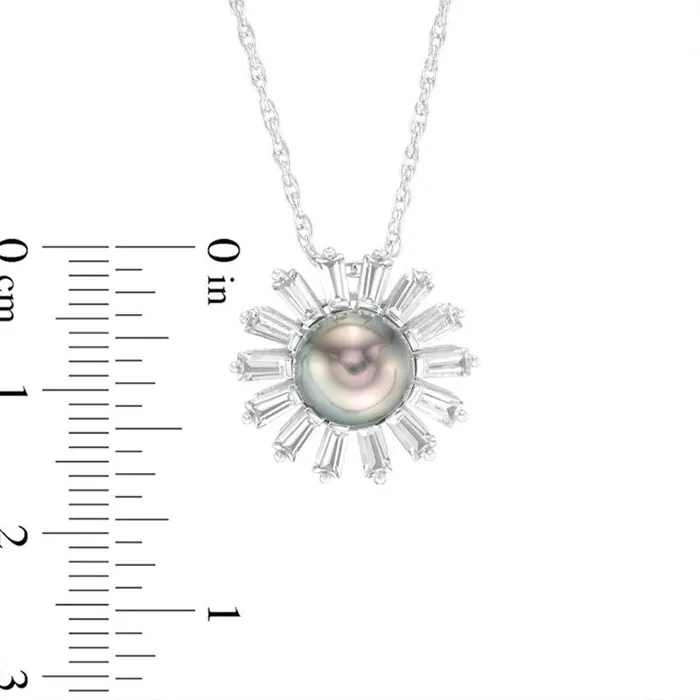 Necklaces Goldia 80mm Grey Cultured Tahitian Pearl and Baguette LabCreated White Sapphire Flower Pendant in Sterling Silver Necklaces Goldia 80mm Grey Cultured Tahitian Pearl and Baguette LabCreated White Sapphire Flower Pendant in Sterling Silver