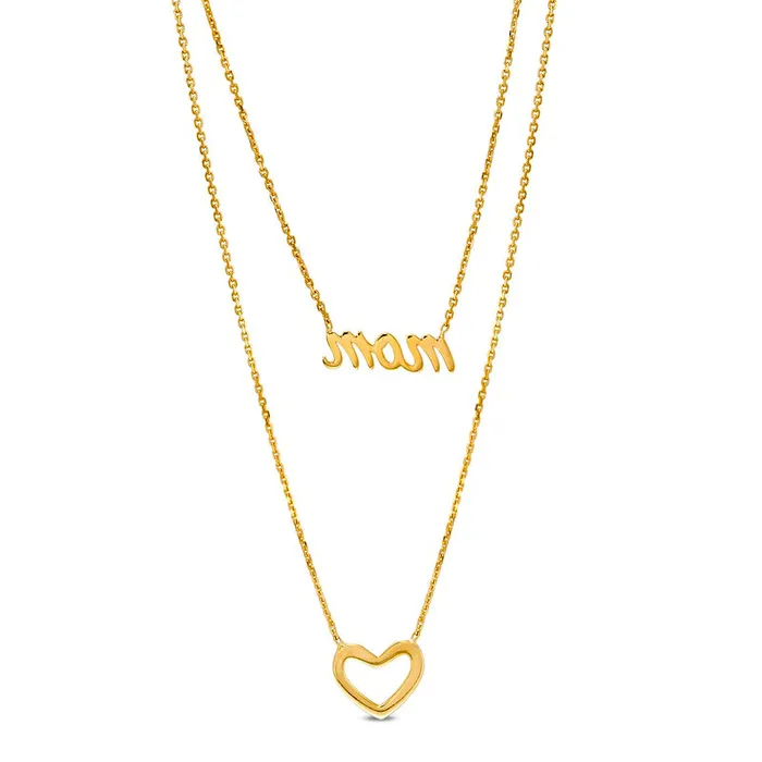 Necklaces Goldia Cursive mom and Heart Outline Double Strand Necklace in 14K Gold Necklaces Goldia Cursive mom and Heart Outline Double Strand Necklace in 14K Gold