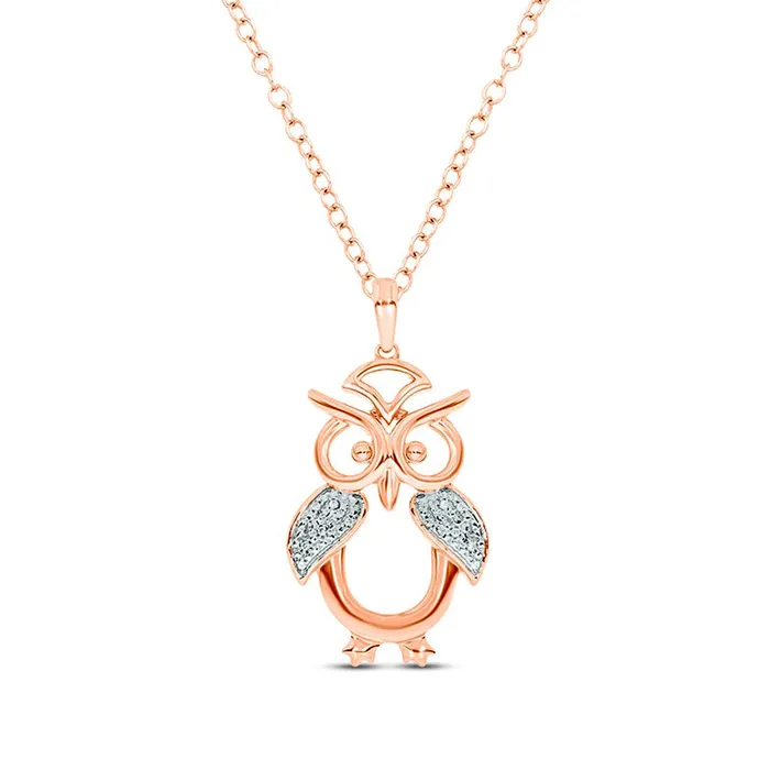 Necklaces Goldia Natural Diamond Accent Owl Pendant in Sterling Silver with 14K Rose Gold Plate