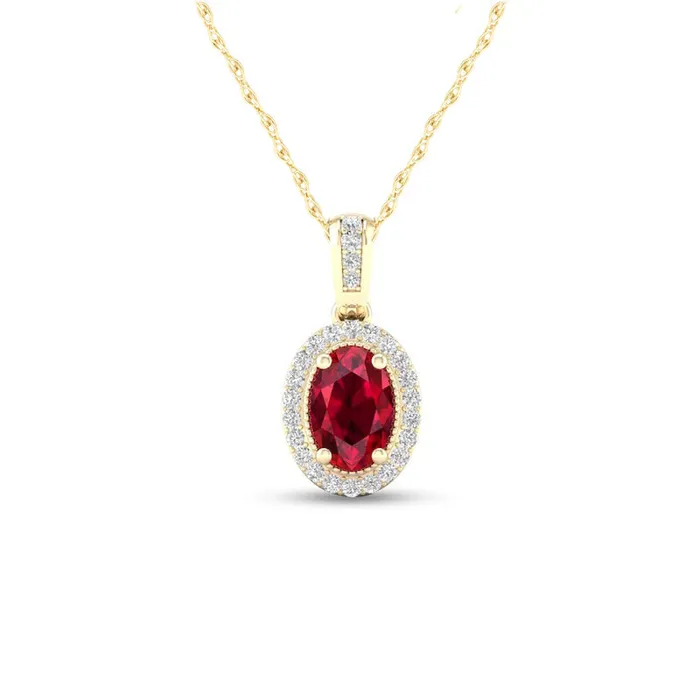 Necklaces Oval Ruby and 007 CT TW Natural Diamond Frame Pendant in 10K Yellow Gold Goldia Necklaces Oval Ruby and 007 CT TW Natural Diamond Frame Pendant in 10K Yellow Gold Goldia