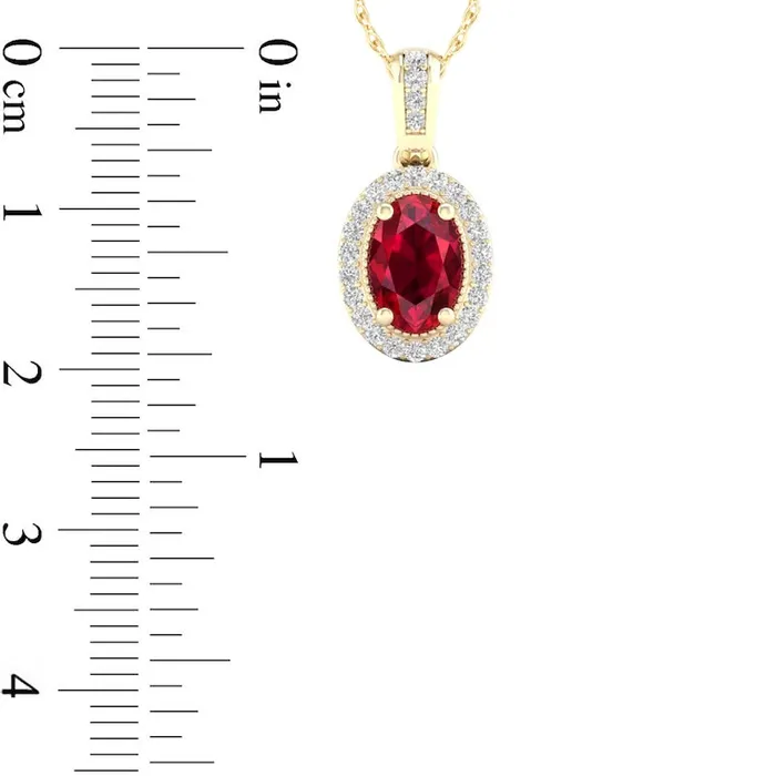 Necklaces Oval Ruby and 007 CT TW Natural Diamond Frame Pendant in 10K Yellow Gold Goldia Necklaces Oval Ruby and 007 CT TW Natural Diamond Frame Pendant in 10K Yellow Gold Goldia