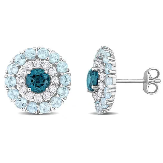 Original AMOUR 4 13 CT TGW London Blue Topaz Sky Blue Topaz and White Topaz Double Halo Stud Earrings In Sterling Silver JMS always Earrings Original AMOUR 4 13 CT TGW London Blue Topaz Sky Blue Topaz and White Topaz Double Halo Stud Earrings In Sterling Silver JMS always Earrings