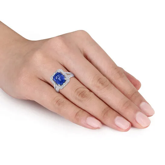 Original Amour 6 12 CT TGW Sapphire and 12 CT TW Diamond Halo Cocktail Ring in 14k White Gold JMS always Rings Original Amour 6 12 CT TGW Sapphire and 12 CT TW Diamond Halo Cocktail Ring in 14k White Gold JMS always Rings