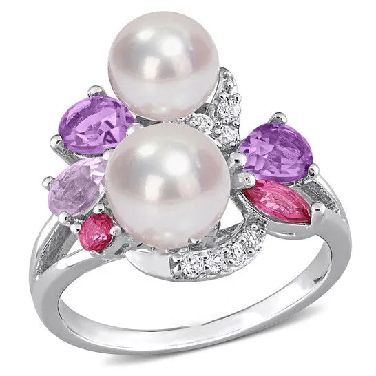 Original Amour Cultured Freshwater Pearl and 1 38 CT TGW MultiGemstone Cocktail Ring in Sterling Silver JMS always Rings Original Amour Cultured Freshwater Pearl and 1 38 CT TGW MultiGemstone Cocktail Ring in Sterling Silver JMS always Rings