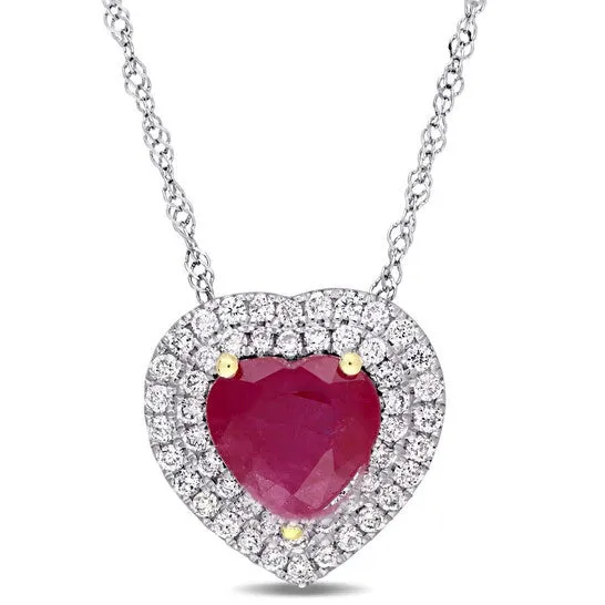 Original AMOUR Heart Shape Ruby and 14 CT TW Diamond Double Halo Pendant with Chain In 14K White Gold with Yellow Gold Prongs JMS always Necklaces Original AMOUR Heart Shape Ruby and 14 CT TW Diamond Double Halo Pendant with Chain In 14K White Gold with Yellow Gold Prongs JMS always Necklaces