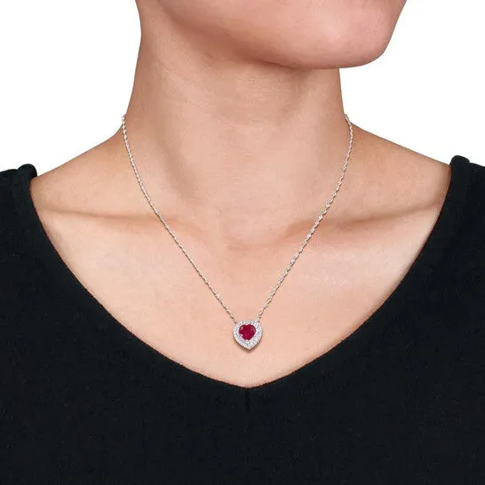 Original AMOUR Heart Shape Ruby and 14 CT TW Diamond Double Halo Pendant with Chain In 14K White Gold with Yellow Gold Prongs JMS always Necklaces Original AMOUR Heart Shape Ruby and 14 CT TW Diamond Double Halo Pendant with Chain In 14K White Gold with Yellow Gold Prongs JMS always Necklaces