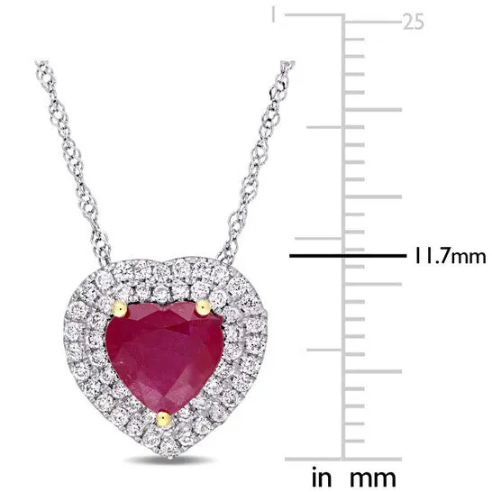 Original AMOUR Heart Shape Ruby and 14 CT TW Diamond Double Halo Pendant with Chain In 14K White Gold with Yellow Gold Prongs JMS always Necklaces Original AMOUR Heart Shape Ruby and 14 CT TW Diamond Double Halo Pendant with Chain In 14K White Gold with Yellow Gold Prongs JMS always Necklaces