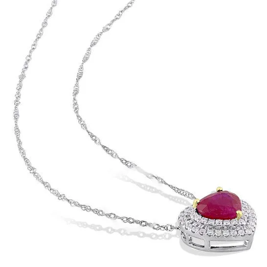 Original AMOUR Heart Shape Ruby and 14 CT TW Diamond Double Halo Pendant with Chain In 14K White Gold with Yellow Gold Prongs JMS always Necklaces Original AMOUR Heart Shape Ruby and 14 CT TW Diamond Double Halo Pendant with Chain In 14K White Gold with Yellow Gold Prongs JMS always Necklaces