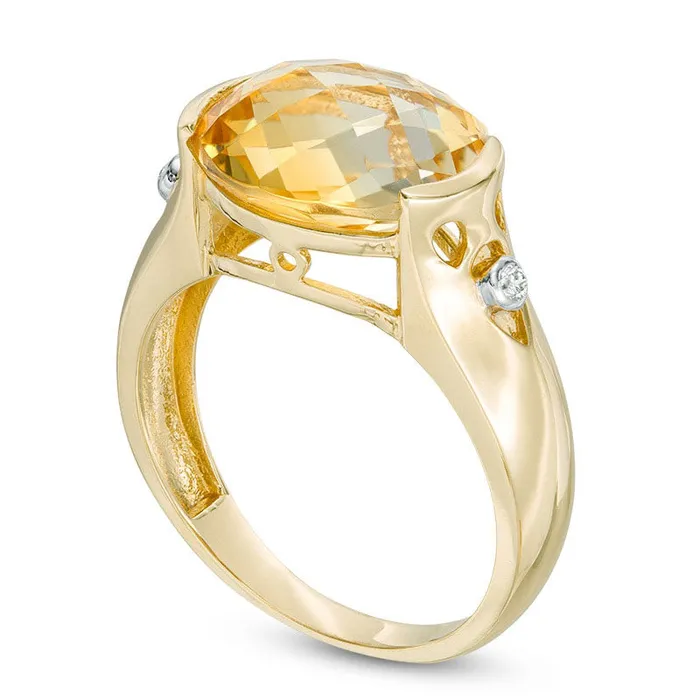 Oval Citrine and Natural Diamond Accent Collar Ring in Solid 10K Yellow Gold Goldia Rings Oval Citrine and Natural Diamond Accent Collar Ring in Solid 10K Yellow Gold Goldia Rings