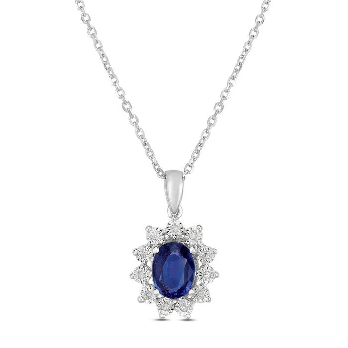 Oval LabCreated Alexandrite and 005 CT TW Diamond Sunburst Frame Pendant in Sterling Silver Goldia Necklaces Oval LabCreated Alexandrite and 005 CT TW Diamond Sunburst Frame Pendant in Sterling Silver Goldia Necklaces