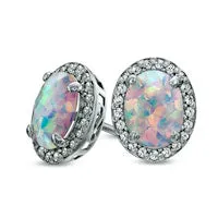 Oval LabCreated Opal and White Sapphire Frame Stud Earrings in Sterling Silver Goldia Earrings