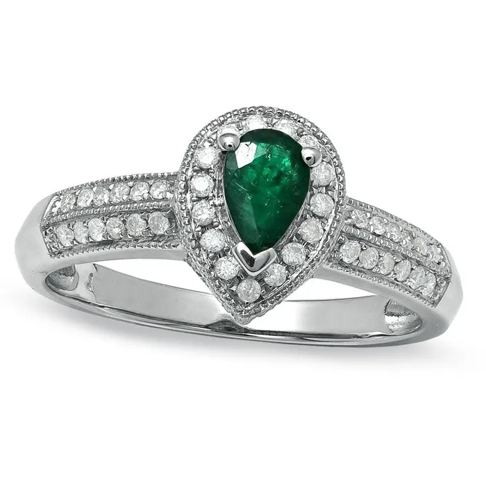 PearShaped Emerald and 025 CT TW Natural Diamond Antique VintageStyle Ring in Solid 10K White Gold Goldia Rings PearShaped Emerald and 025 CT TW Natural Diamond Antique VintageStyle Ring in Solid 10K White Gold Goldia Rings