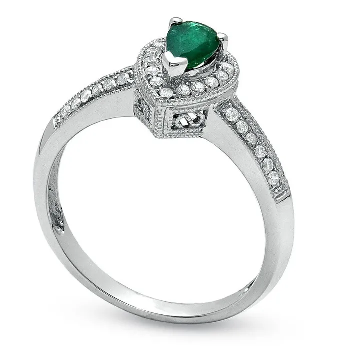 PearShaped Emerald and 025 CT TW Natural Diamond Antique VintageStyle Ring in Solid 10K White Gold Goldia Rings PearShaped Emerald and 025 CT TW Natural Diamond Antique VintageStyle Ring in Solid 10K White Gold Goldia Rings