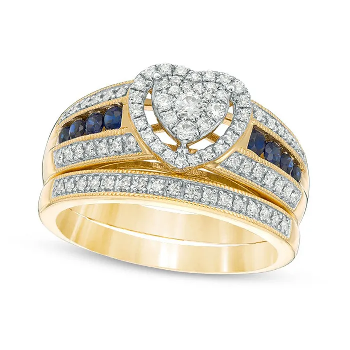 Rings 038 CT TW Composite Natural Diamond and Blue Sapphire Heart Frame MultiRow Antique VintageStyle Bridal Engagement Ring Set in Solid 10K Yellow Gold Goldia Rings 038 CT TW Composite Natural Diamond and Blue Sapphire Heart Frame MultiRow Antique VintageStyle Bridal Engagement Ring Set in Solid 10K Yellow Gold Goldia