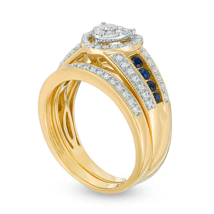 Rings 038 CT TW Composite Natural Diamond and Blue Sapphire Heart Frame MultiRow Antique VintageStyle Bridal Engagement Ring Set in Solid 10K Yellow Gold Goldia Rings 038 CT TW Composite Natural Diamond and Blue Sapphire Heart Frame MultiRow Antique VintageStyle Bridal Engagement Ring Set in Solid 10K Yellow Gold Goldia