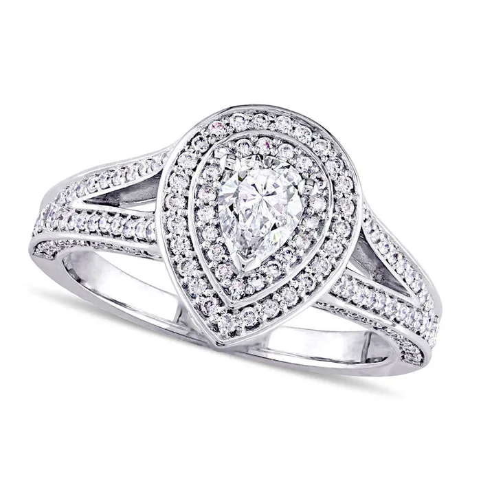 Rings 10 CT TW PearShaped Natural Diamond Double Frame Engagement Ring in Solid 14K White Gold Goldia Rings 10 CT TW PearShaped Natural Diamond Double Frame Engagement Ring in Solid 14K White Gold Goldia