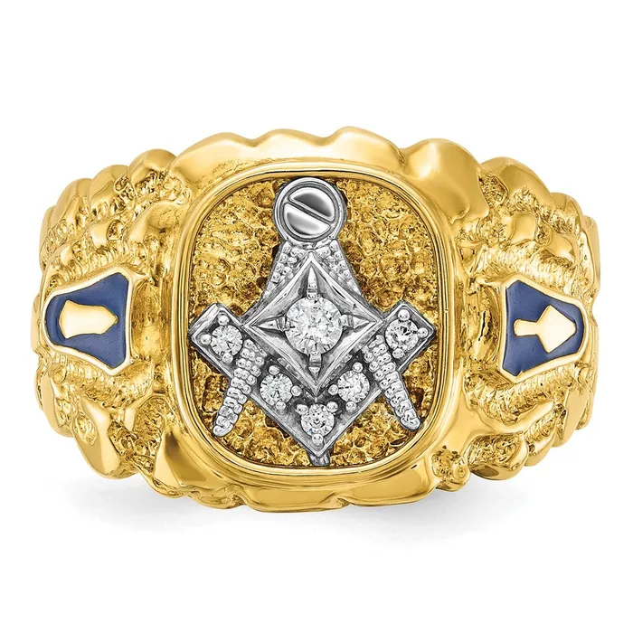 Rings 14k Twotone Gold Mens Polished and Nugget Textured Blue Lodge Master Masonic Ring Mounting Goldia