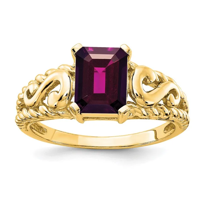 Rings 14k Yellow Gold 8x6mm Emerald Cut Rhodolite Garnet ring Goldia