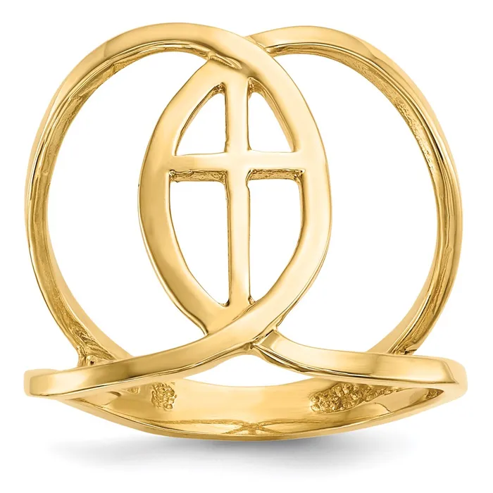 Rings 14K Yellow Gold Polished Cross and Ichthus Ring Goldia