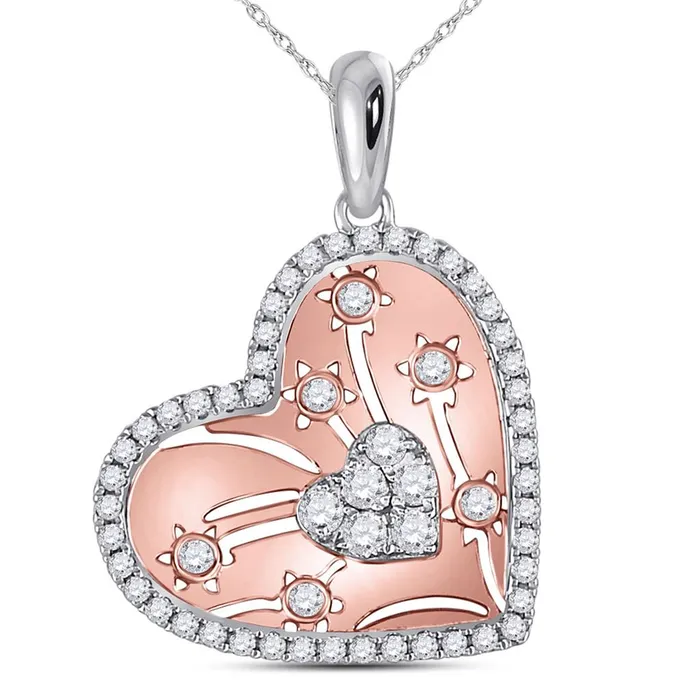Rings gndatlanta 14k Twotone Gold Round Diamond Floral Cluster Heart Pendant 12 Cttw