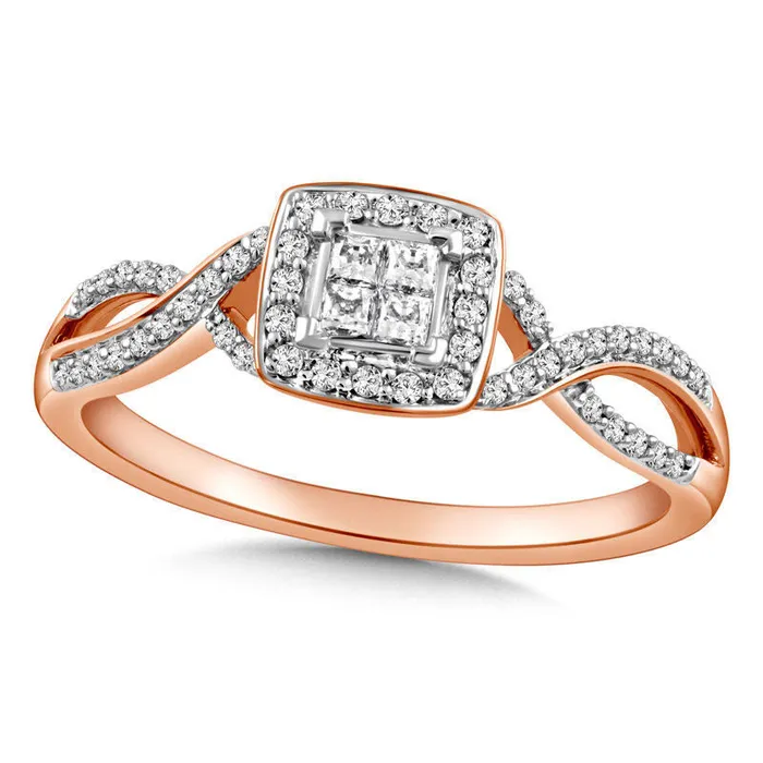 Rings Goldia 025 CT TW Quad PrincessCut Natural Diamond Frame Twist Shank Promise Ring in Solid 10K Rose Gold