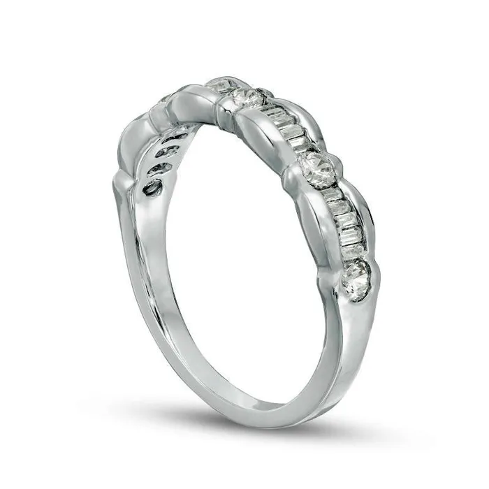 Rings Goldia 033 CT TW Baguette and Round Natural Diamond Scallop Wedding Band in Solid 10K White Gold Rings Goldia 033 CT TW Baguette and Round Natural Diamond Scallop Wedding Band in Solid 10K White Gold