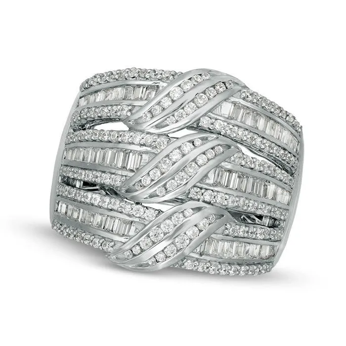 Rings Goldia 10 CT TW Baguette and Round Natural Diamond MultiRow Three Wave Ring in Solid 10K White Gold Rings Goldia 10 CT TW Baguette and Round Natural Diamond MultiRow Three Wave Ring in Solid 10K White Gold