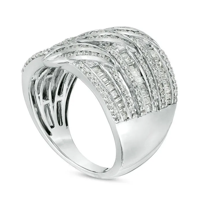Rings Goldia 10 CT TW Baguette and Round Natural Diamond MultiRow Three Wave Ring in Solid 10K White Gold Rings Goldia 10 CT TW Baguette and Round Natural Diamond MultiRow Three Wave Ring in Solid 10K White Gold