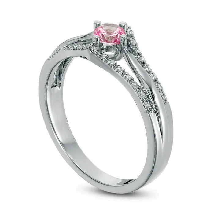 Rings Goldia 40mm LabCreated Pink Sapphire and 010 CT TW Diamond Double Chevron Promise Ring in Sterling Silver Rings Goldia 40mm LabCreated Pink Sapphire and 010 CT TW Diamond Double Chevron Promise Ring in Sterling Silver