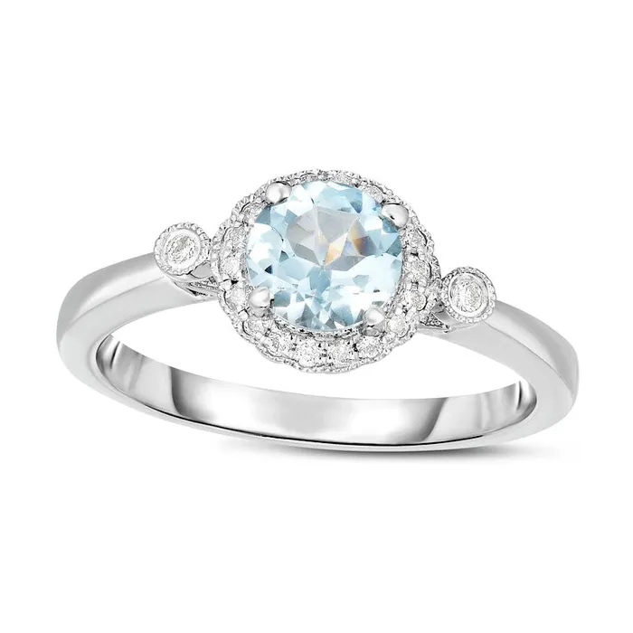 Rings Goldia 60mm Aquamarine and 010 CT TW Natural Diamond Frame Antique VintageStyle Ring in Solid 14K White Gold Size 7 Rings Goldia 60mm Aquamarine and 010 CT TW Natural Diamond Frame Antique VintageStyle Ring in Solid 14K White Gold Size 7