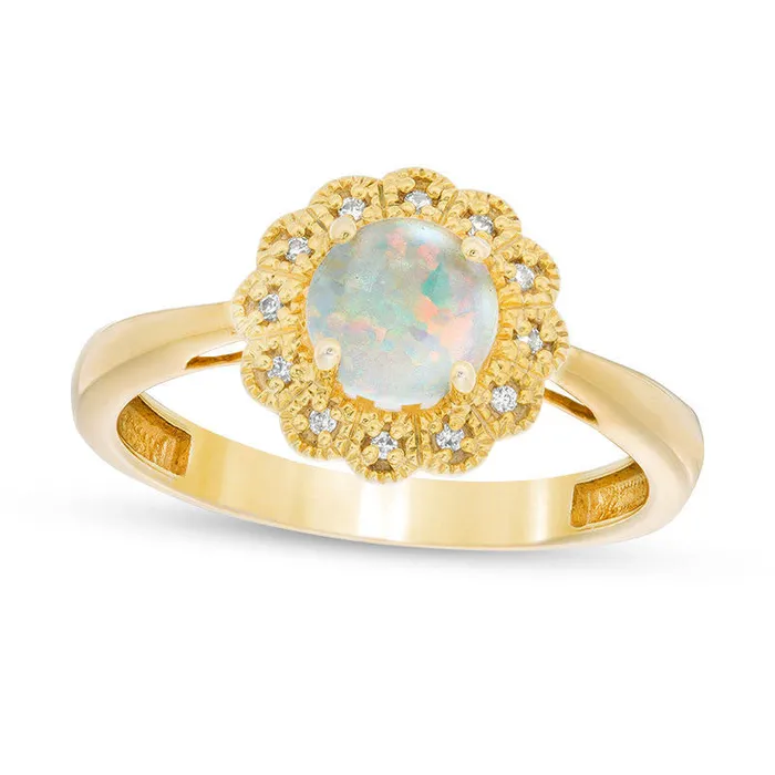Rings Goldia 60mm LabCreated Opal and 005 CT TW Diamond Antique VintageStyle Flower Ring in Sterling Silver with Solid 18K Gold Plate Rings Goldia 60mm LabCreated Opal and 005 CT TW Diamond Antique VintageStyle Flower Ring in Sterling Silver with Solid 18K Gold Plate