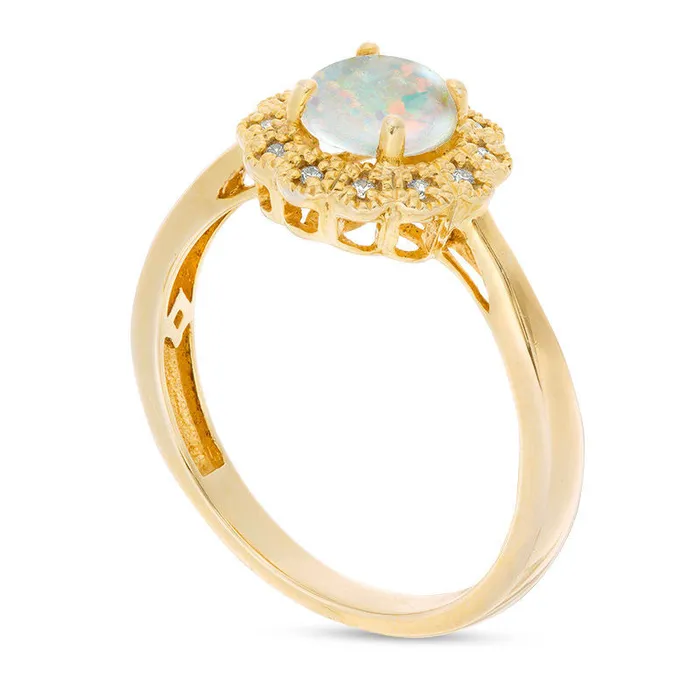 Rings Goldia 60mm LabCreated Opal and 005 CT TW Diamond Antique VintageStyle Flower Ring in Sterling Silver with Solid 18K Gold Plate Rings Goldia 60mm LabCreated Opal and 005 CT TW Diamond Antique VintageStyle Flower Ring in Sterling Silver with Solid 18K Gold Plate