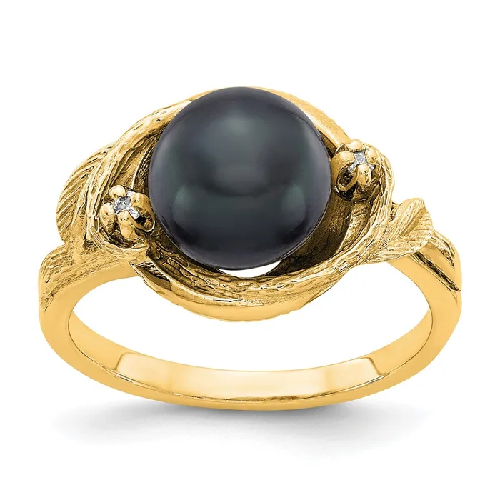Rings Goldiacom 14K Yellow Gold 75mm Black FW Cultured Pearl A Real Diamond ring Rings Goldiacom 14K Yellow Gold 75mm Black FW Cultured Pearl A Real Diamond ring