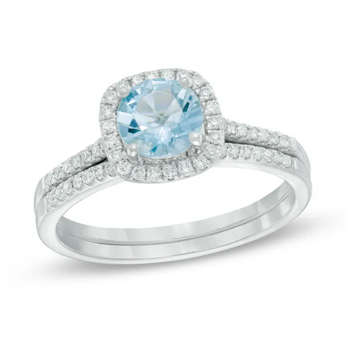 Rings Goldiacom 60mm Aquamarine and 14 CT TW Diamond Frame Bridal Engagement Ring Set in 14K White Gold Rings Goldiacom 60mm Aquamarine and 14 CT TW Diamond Frame Bridal Engagement Ring Set in 14K White Gold