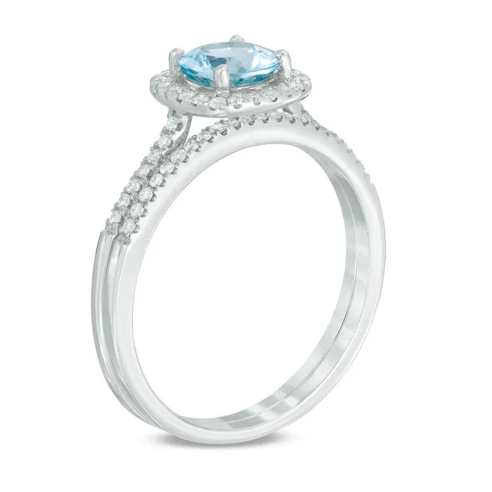 Rings Goldiacom 60mm Aquamarine and 14 CT TW Diamond Frame Bridal Engagement Ring Set in 14K White Gold