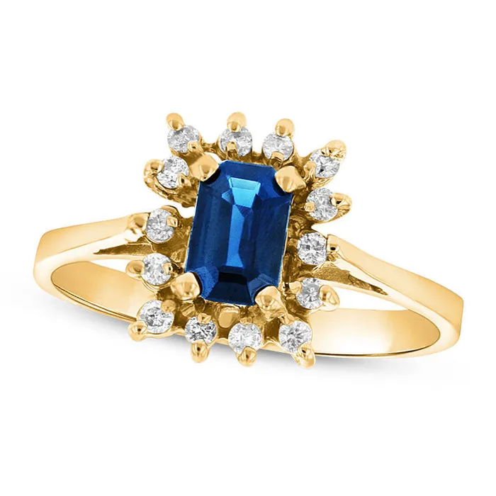 Rings Goldia EmeraldCut Blue Sapphire and 013 CT TW Natural Diamond Starburst Frame Ring in Solid 14K Gold Rings Goldia EmeraldCut Blue Sapphire and 013 CT TW Natural Diamond Starburst Frame Ring in Solid 14K Gold
