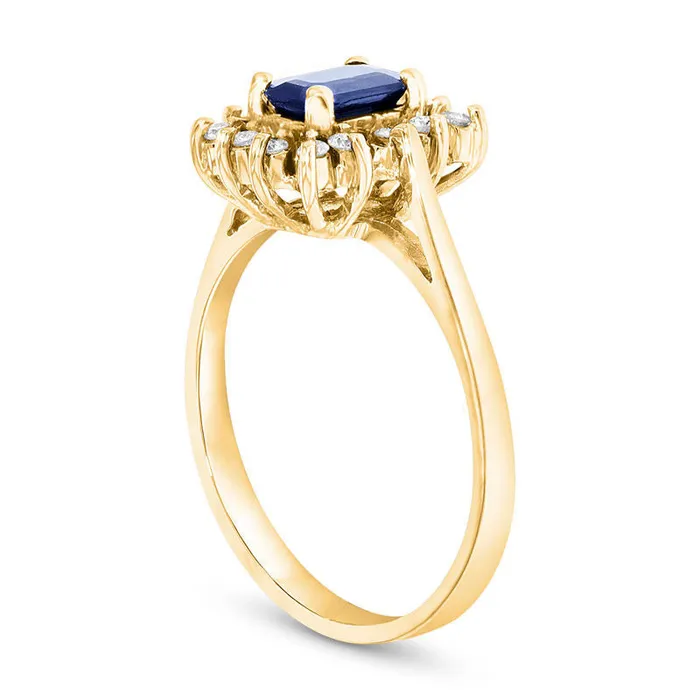 Rings Goldia EmeraldCut Blue Sapphire and 013 CT TW Natural Diamond Starburst Frame Ring in Solid 14K Gold Rings Goldia EmeraldCut Blue Sapphire and 013 CT TW Natural Diamond Starburst Frame Ring in Solid 14K Gold