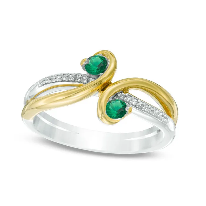 Rings Goldia LabCreated Emerald and Diamond Accent Split Shank Bypass Ring in Sterling Silver and Solid 10K Yellow Gold Rings Goldia LabCreated Emerald and Diamond Accent Split Shank Bypass Ring in Sterling Silver and Solid 10K Yellow Gold