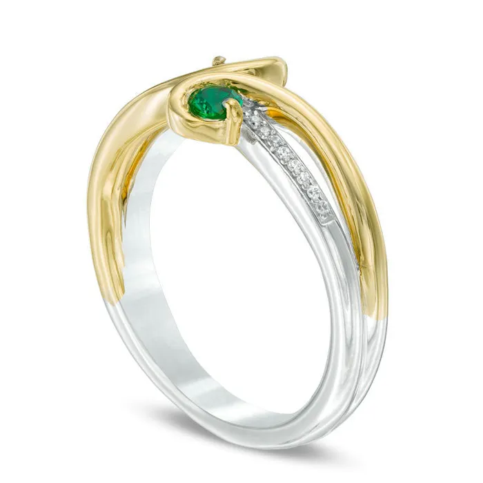 Rings Goldia LabCreated Emerald and Diamond Accent Split Shank Bypass Ring in Sterling Silver and Solid 10K Yellow Gold Rings Goldia LabCreated Emerald and Diamond Accent Split Shank Bypass Ring in Sterling Silver and Solid 10K Yellow Gold