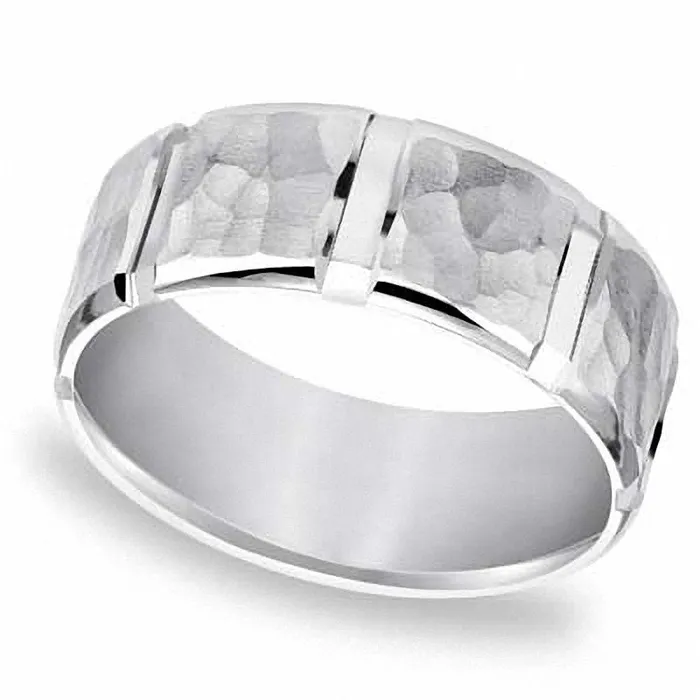 Rings Goldia Mens 80mm Hammered Wedding Band in Solid 14K White Gold