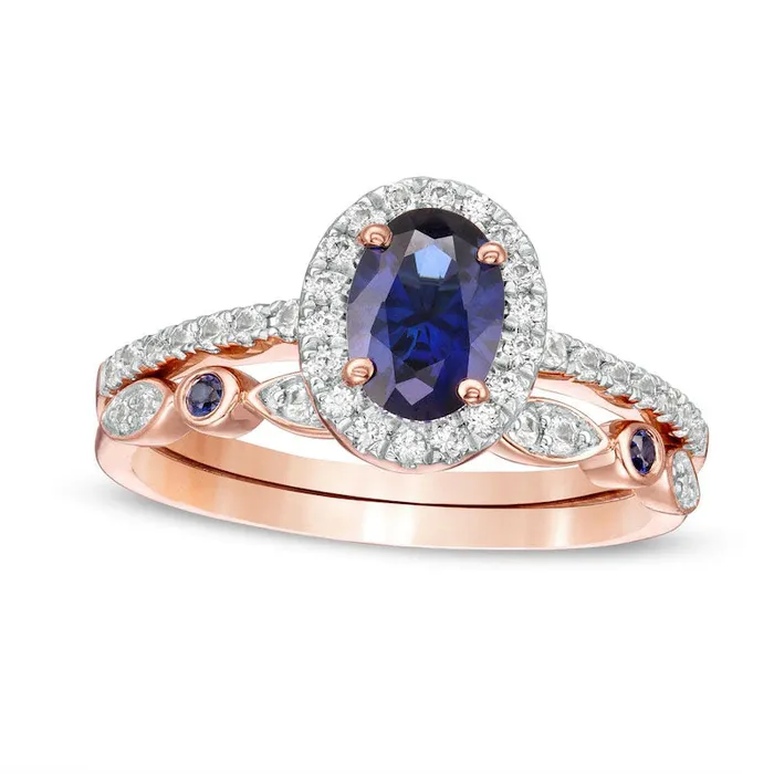 Rings Goldia Oval LabCreated Blue and White Sapphire Frame Art Deco Bridal Engagement Ring Set in Solid 10K Rose Gold Rings Goldia Oval LabCreated Blue and White Sapphire Frame Art Deco Bridal Engagement Ring Set in Solid 10K Rose Gold