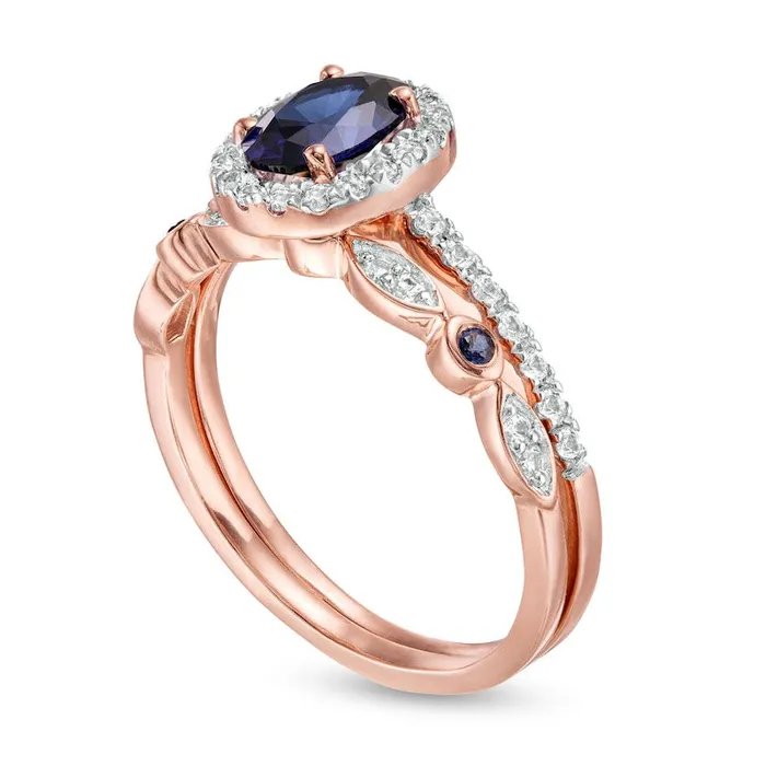 Rings Goldia Oval LabCreated Blue and White Sapphire Frame Art Deco Bridal Engagement Ring Set in Solid 10K Rose Gold Rings Goldia Oval LabCreated Blue and White Sapphire Frame Art Deco Bridal Engagement Ring Set in Solid 10K Rose Gold