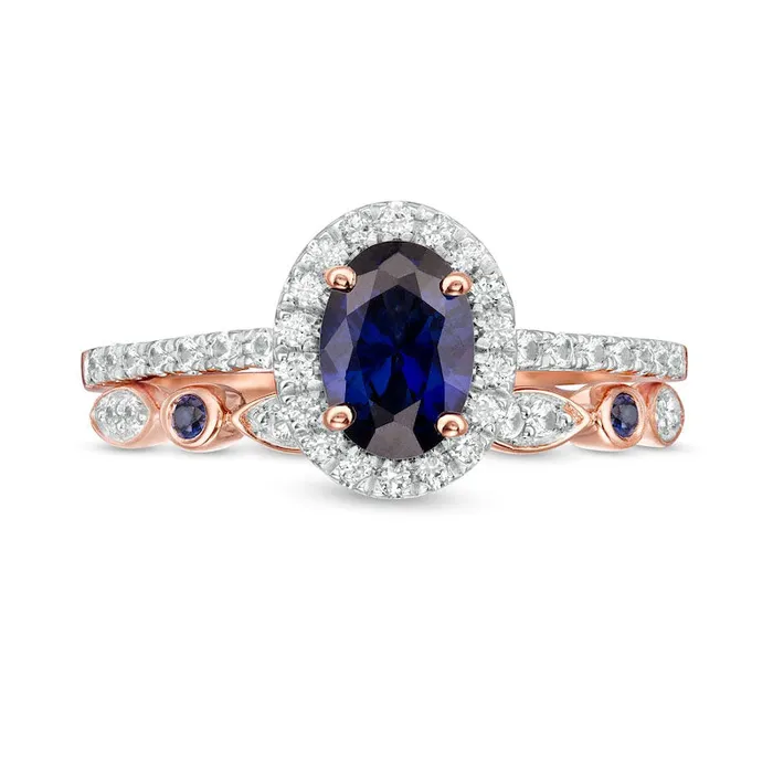 Rings Goldia Oval LabCreated Blue and White Sapphire Frame Art Deco Bridal Engagement Ring Set in Solid 10K Rose Gold Rings Goldia Oval LabCreated Blue and White Sapphire Frame Art Deco Bridal Engagement Ring Set in Solid 10K Rose Gold