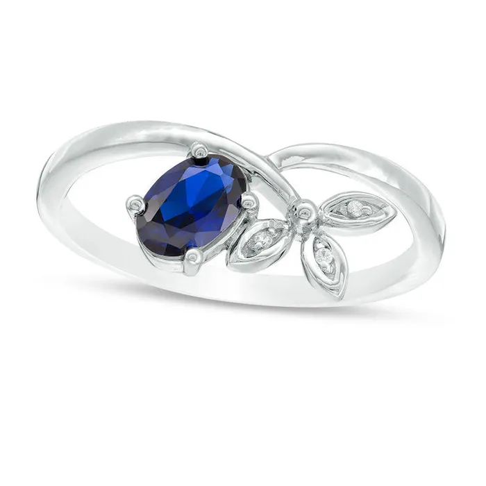 Rings Goldia Oval LabCreated Blue Sapphire and Diamond Accent TriLeaf Crossover Promise Ring in Sterling Silver