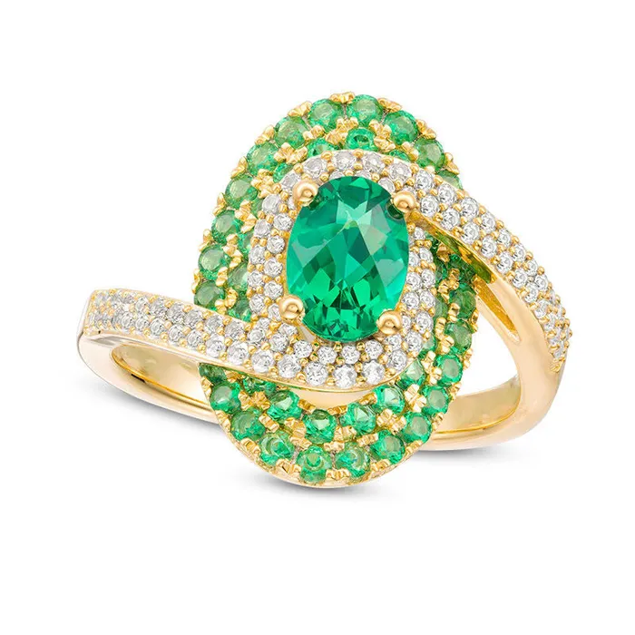 Rings Goldia Oval LabCreated Emerald and White Sapphire Bypass Swirl Frame Ring in Sterling Silver with Solid 14K Gold Plate