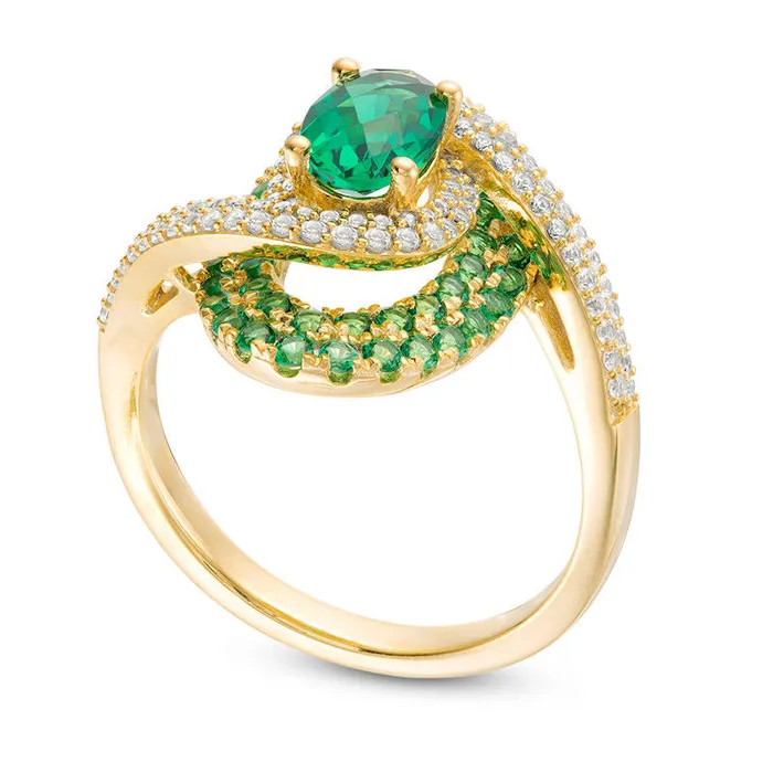 Rings Goldia Oval LabCreated Emerald and White Sapphire Bypass Swirl Frame Ring in Sterling Silver with Solid 14K Gold Plate Rings Goldia Oval LabCreated Emerald and White Sapphire Bypass Swirl Frame Ring in Sterling Silver with Solid 14K Gold Plate