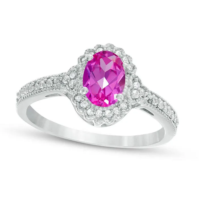 Rings Goldia Oval LabCreated Pink Sapphire and 013 CT TW Diamond Frame Antique VintageStyle Ring in Solid 10K White Gold Rings Goldia Oval LabCreated Pink Sapphire and 013 CT TW Diamond Frame Antique VintageStyle Ring in Solid 10K White Gold