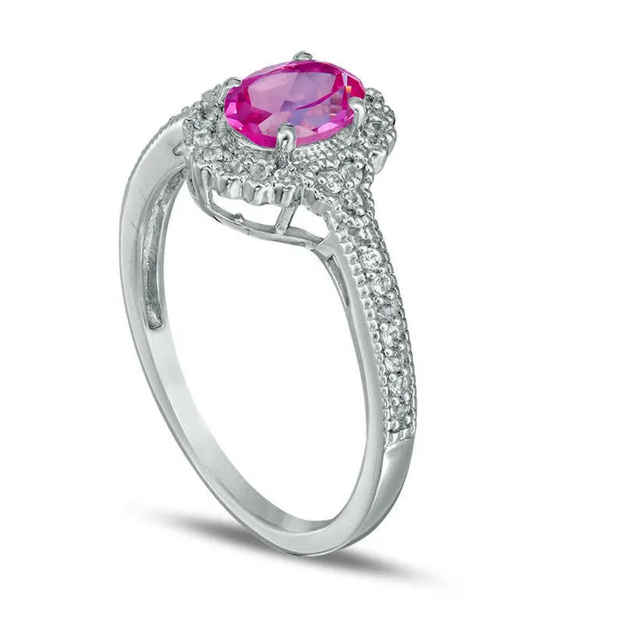 Rings Goldia Oval LabCreated Pink Sapphire and 013 CT TW Diamond Frame Antique VintageStyle Ring in Solid 10K White Gold Rings Goldia Oval LabCreated Pink Sapphire and 013 CT TW Diamond Frame Antique VintageStyle Ring in Solid 10K White Gold