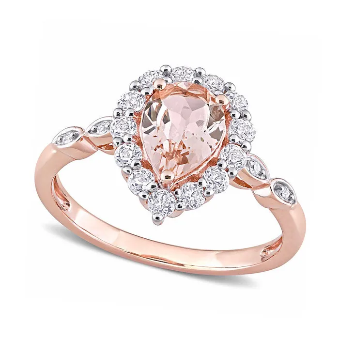 Rings Goldia PearShaped Morganite White Topaz and Natural Diamond Accent Frame Double LeafSides Ring in Solid 10K Rose Gold Rings Goldia PearShaped Morganite White Topaz and Natural Diamond Accent Frame Double LeafSides Ring in Solid 10K Rose Gold