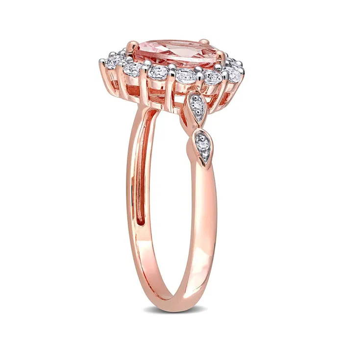 Rings Goldia PearShaped Morganite White Topaz and Natural Diamond Accent Frame Double LeafSides Ring in Solid 10K Rose Gold Rings Goldia PearShaped Morganite White Topaz and Natural Diamond Accent Frame Double LeafSides Ring in Solid 10K Rose Gold